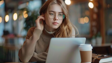 Wall Mural - Young Woman Working on Laptop in Cafe