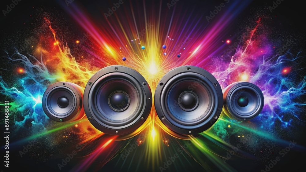 Vibrant explosion of colors emanates from loudspeakers set against a ...