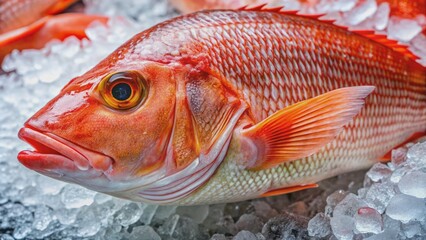 Wall Mural - Fresh gigantic natural red snapper fish lying on ice at seafood market or restaurant with vibrant colors and glistening scales.