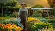 © DARIKA - Picture of a contented farmer in Asia watering plants in a well-tended garden under the morning sun highlighting dedication to organic farming realistic photo, high resolution , Minimalism,