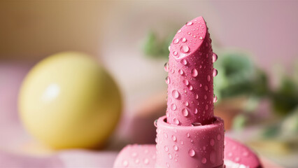 Poster - A close up of a pink lipstick with water droplets on it, AI