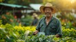 © DARIKA - Picture of a contented farmer in Asia watering plants in a well-maintained garden under the morning sun highlighting dedication to organic farming realistic photo, high resolution , Minimalism,