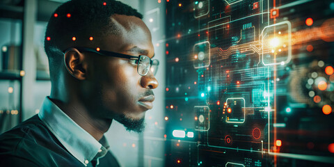 Man examining a digital interface with glowing data points, ultra HD, high design, very detailed
