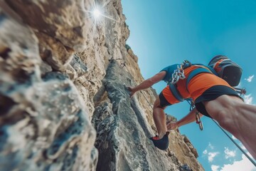 Rock climber scaling cliff face on sunny day