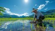 © DARIKA - Joyful Asian farmer working in a picturesque rice field under clear blue skies highlighting the beauty of rice farming in Southeast Asia realistic photo, high resolution , Minimalism,