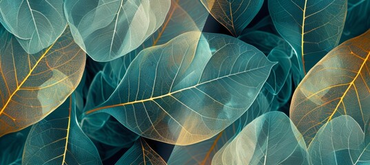 Wall Mural - A pattern of large overlapping leaves in shades of green, blue, and yellow, showcasing intricate details and natural beauty. Perfect for nature-inspired designs and decor.