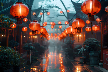 Mystical traditional East Asian street with glowing red lanterns