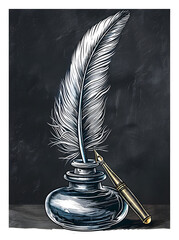 Poster - Feather quill pen in inkwell. Hand drawn sketch illustration in vintage engraving style