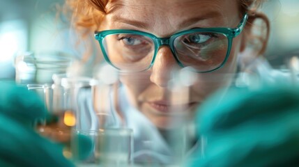 Wall Mural - a scientist wearing protective eyewear is in a laboratory analyzing test tubes with different colore