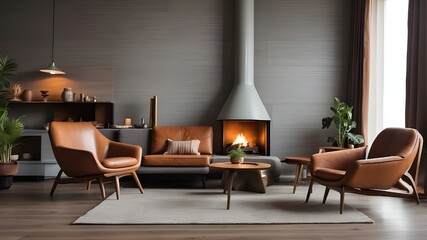 in the room with the fireplace are grey couch and brown leather chairs. mid-century modern house