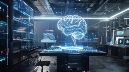 Futuristic digital brain hologram displayed on high-tech screens in a modern laboratory setting, illustrating the concept of artificial intelligence.