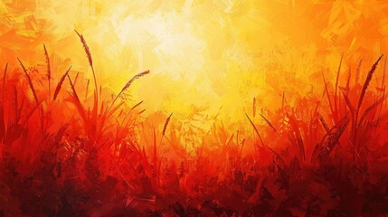 Canvas Print - a painting of a field of grass with a bright orange background.