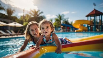 Wall Mural - Happy children enjoying water in public pool.