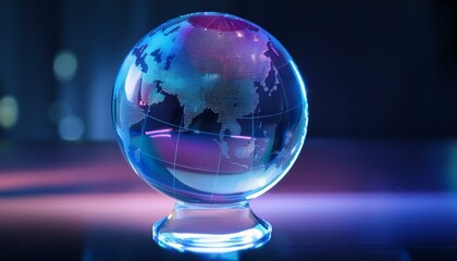 Wall Mural -  A futuristic holographic globe with glowing digital continents, suspended in mid-air with a