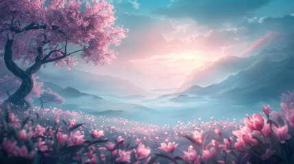 Wall Mural - A beautiful landscape with a pink tree and pink flowers