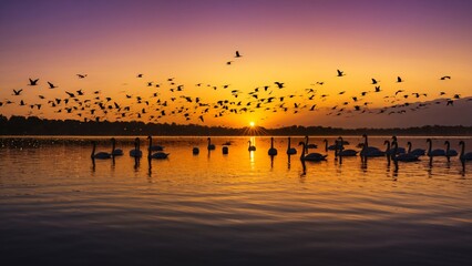 Poster - Flock of birds on the lake during sunset