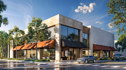 Canvas Print - A modern, versatile space for sale or lease in a diverse building featuring both retail and office options, complete with an awning. 