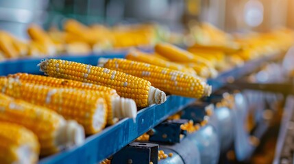 Wall Mural - A food factory assembly line where ears of corn are being processed into various corn-based products