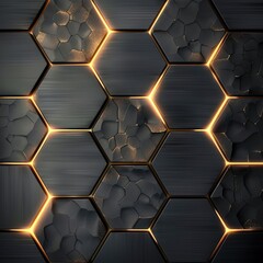 Wall Mural - Luxury hexagonal abstract black metal background with golden light lines. Dark 3d geometric texture illustration. Bright grid pattern Job ID: dfeca091-0598-4a56-a76a-94bd45f9714e