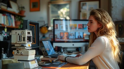 Businesswoman using a digital camera for business photos, with a vintage Polaroid camera displayed on her desk, highlighting the advancement in photography technology realistic photo, high resolution