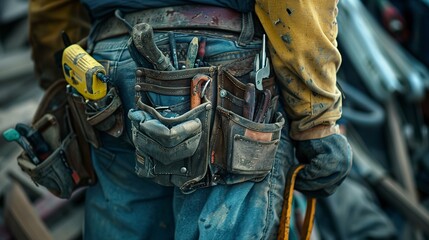 Poster - Close-up of a construction worker's tool belt, packed with tools and gear for the job site. 