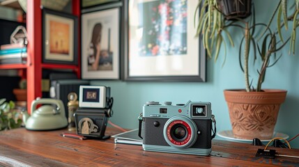 Entrepreneur using a digital camera for business photos, with a vintage Polaroid camera displayed on her desk, highlighting the advancement in photography technology realistic photo, high resolution