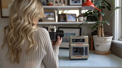 Entrepreneur using a digital camera for business photos, with a vintage Polaroid camera displayed on her desk, highlighting the advancement in photography technology realistic photo, high resolution