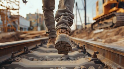 Poster - A worker walks on the steel track with tools in his hand, closeup of feet walking on tracks with a construction site background 