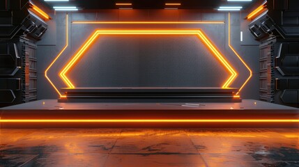 High-tech cyber stage podium with neon orange lighting, perfect for showcasing modern products, set against a dark backdrop.