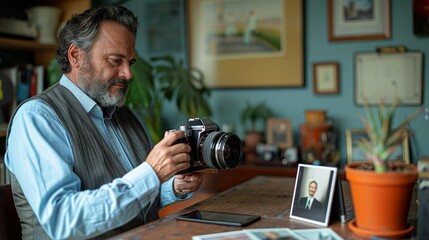 Professional using a sleek digital camera to take business photos, while a vintage Polaroid camera is displayed on his desk, highlighting the advancement in photography technology realistic photo,