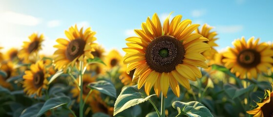 A beautiful sunflower field in full bloom under a bright blue sky, capturing the essence of summer and nature's vibrant beauty.