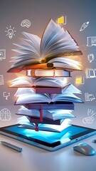 Online education E-learning stack of books 3d render illustration vector background