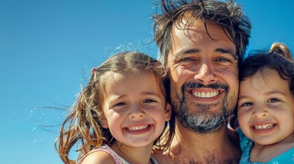 Portrait of father and daughters smiling, hugging, and bonding outdoors, happy time. Happy face, family, and father, daughters and female children with dad, embrace, and joy