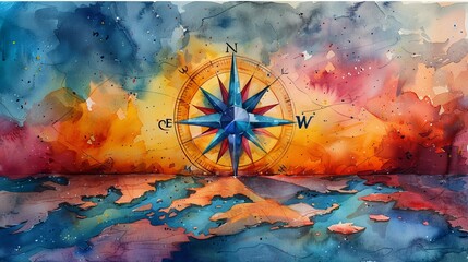 Wall Mural - A Watercolor Compass Guiding Through the Colorful Sky. Generative AI