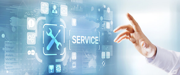 Fototapete - Service support customer help call center Business technology button on virtual screen.