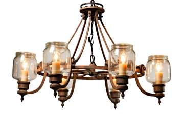 A rustic farmhouse chandelier with multiple wrought iron arms and antique glass shades, isolated on a white background