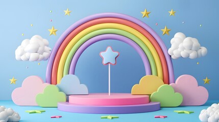 3D cartoon style colorful rainbow podium with cloud and star background.