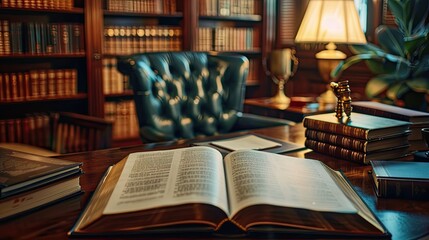 A book is open on a desk in a library. The desk is cluttered with books and a lamp. The room is dimly lit, giving it a cozy atmosphere