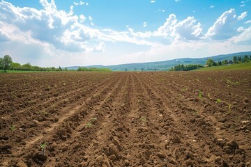 Wall Mural - A field of dirt with a few trees in the background. The sky is blue and there are clouds