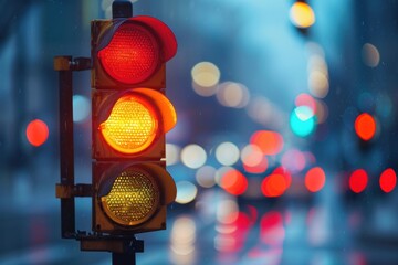 A city crossing with a semaphore. Red and yellow light in semaphore on bokeh street background