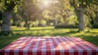 © At My Hat - A checkered table with a red and white tablecloth. The table is empty and has a view of trees in the background