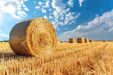 Wall Mural - A field of golden wheat with a large roll of hay in the foreground. The sky is blue and there are clouds in the background