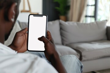 African american man holding smart phone with mockup white blank display, empty screen for app