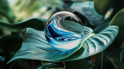 Wall Mural - A glass ball sitting on top of a leaf with water in it, AI