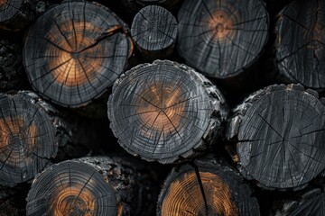 Wall Mural - A pile of logs with black and brown markings. The logs are arranged in a way that creates a sense of depth and texture. Scene is one of rustic charm and natural beauty