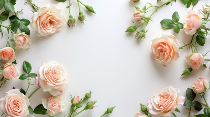 Wall Mural - Elegant Arrangement of Pink Roses on White Background with Green Leaves and Buds