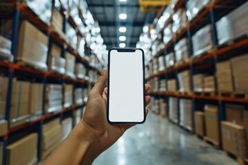 Close-up, hand holding smartphone with empty screen mockup in warehouse full of boxes