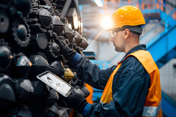 Miner operator control with computer tablet drilling machine in coal mine. Concept smart industrial mining.