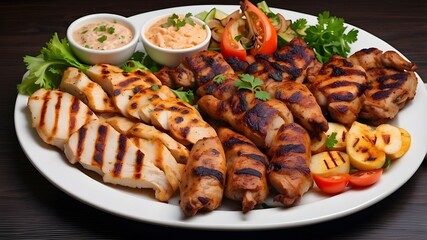 Wall Mural - Arabic Turkish mixed grill dish, shish tawook, grilled kebab, and grilled chicken breast with thigh and breast