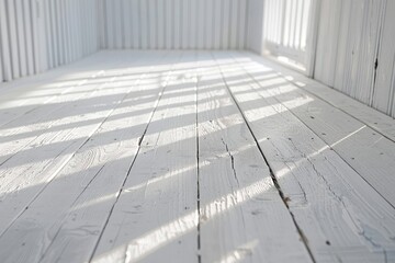 Wall Mural - A white room with a wooden floor and a white wall. The room is empty and has a very clean and simple appearance